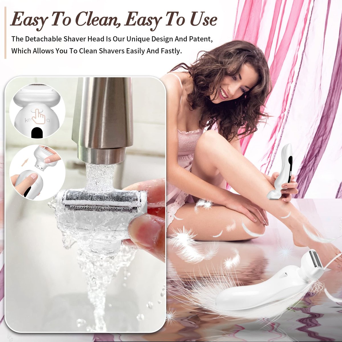 Krovena Electric Shaver for Women – Rechargeable Bikini Trimmer for Legs, Underarms & Bikini Line, Wet/Dry Cordless Razor with Detachable Head Avelisse