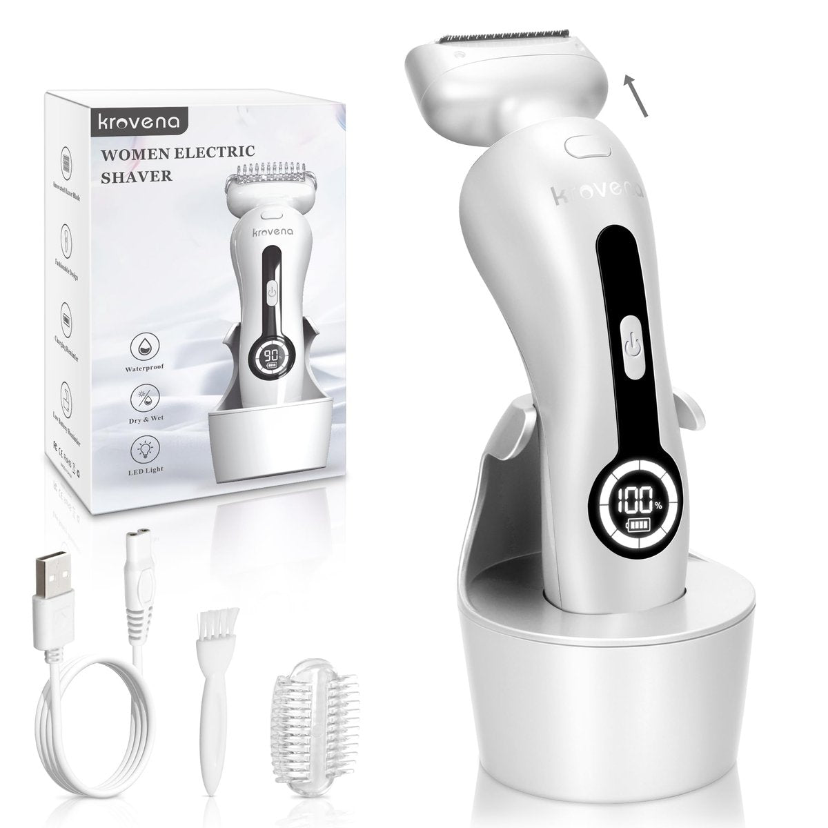 Krovena Electric Shaver for Women – Rechargeable Bikini Trimmer for Legs, Underarms & Bikini Line, Wet/Dry Cordless Razor with Detachable Head Avelisse