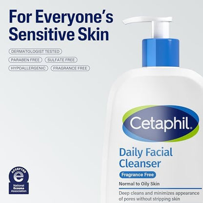 Cetaphil Daily Facial Cleanser for Sensitive, Combination to Oily Skin, 16 oz - Fragrance Free, Gentle Foaming, Soap Free, Hypoallergenic Avelisse