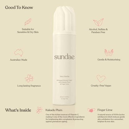 sundae Whipped Shower Foam Very Vanilla - Foaming Body Wash with Kakadu Plum & Finger Lime, 8.9 fl oz Avelisse