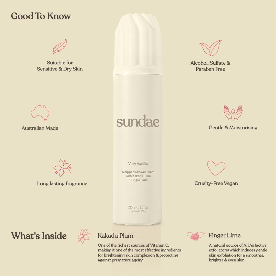 sundae Whipped Shower Foam Very Vanilla - Foaming Body Wash with Kakadu Plum & Finger Lime, 8.9 fl oz Avelisse