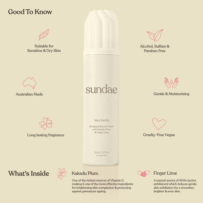 sundae Whipped Shower Foam Very Vanilla - Foaming Body Wash with Kakadu Plum & Finger Lime, 8.9 fl oz Avelisse