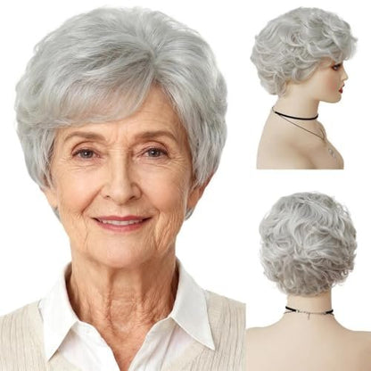 GNIMEGIL Short Curly Grey Wig for Women – Natural Granny Gray Synthetic Wig with Bangs, Perfect for Everyday, Party, and Halloween Costume