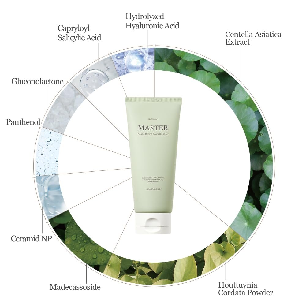 mixsoon Master Gentle Recipe Foam Cleanser - Mild Exfoliation Daily Cleanser with Amino Acid Complex and Cica, Soft Foam for Clear, Moisturized Skin (150ml / 5.07 fl. oz.) Avelisse