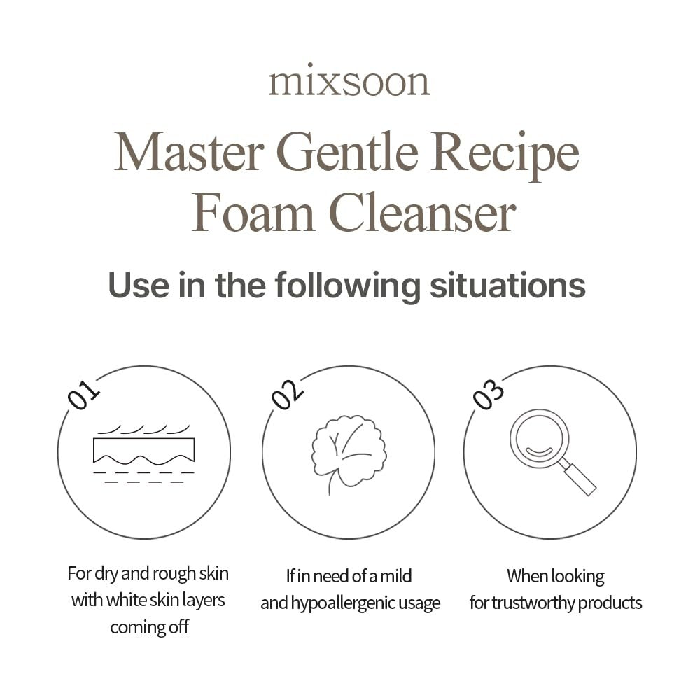 mixsoon Master Gentle Recipe Foam Cleanser - Mild Exfoliation Daily Cleanser with Amino Acid Complex and Cica, Soft Foam for Clear, Moisturized Skin (150ml / 5.07 fl. oz.) Avelisse