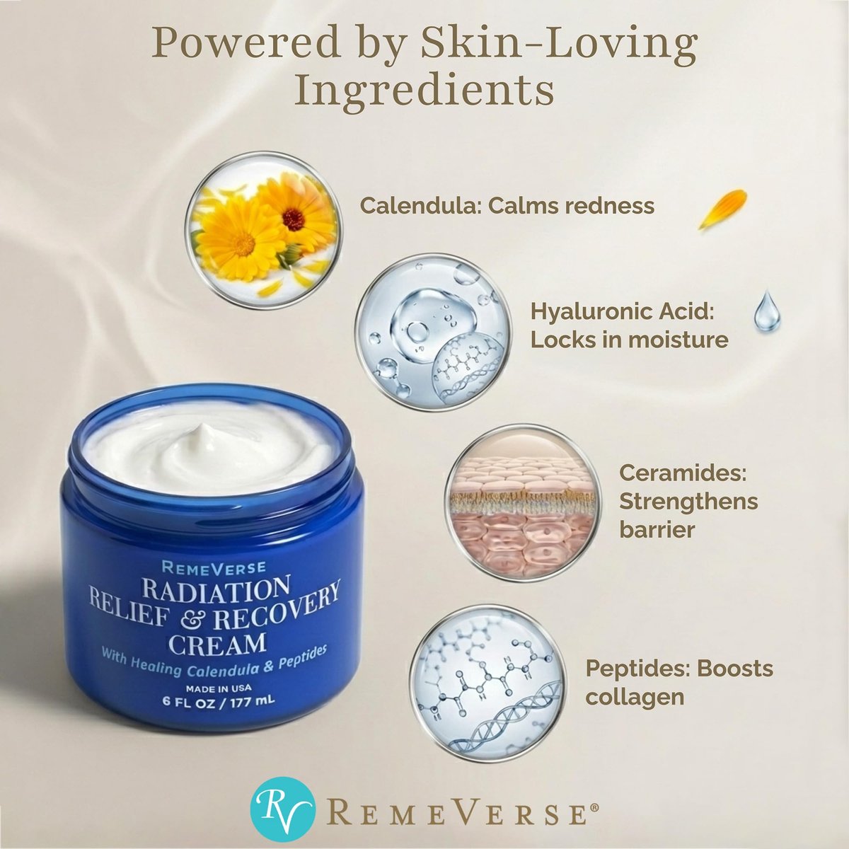 RemeVerse Radiation Cream – Unscented, Gentle, Hyaluronic Acid, Peptides & Calendula for Burns, Soothing & Hydrating Sensitive Skin – 6 fl oz Avelisse