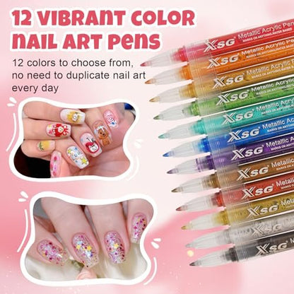 XSG 12 Colors Nail Art Pens Set – Professional Dotting & Lining Pens for Acrylic Nail Designs, DIY Manicure Kit for Home & Salon