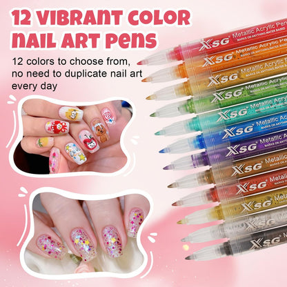 XSG 12 Colors Nail Art Pens Set – Professional Dotting & Lining Pens for Acrylic Nail Designs, DIY Manicure Kit for Home & Salon