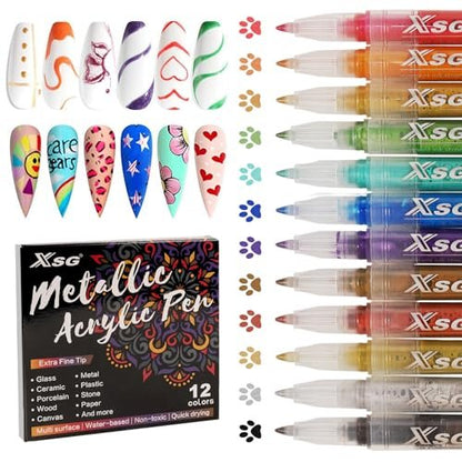 XSG 12 Colors Nail Art Pens Set – Professional Dotting & Lining Pens for Acrylic Nail Designs, DIY Manicure Kit for Home & Salon