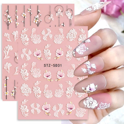 5D Spring Embossed Flower Nail Art Stickers - 4 Sheets of Real Self-Adhesive Floral Decals for Women & Girls
