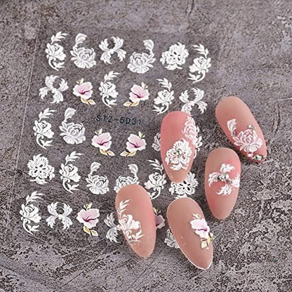 5D Spring Embossed Flower Nail Art Stickers - 4 Sheets of Real Self-Adhesive Floral Decals for Women & Girls