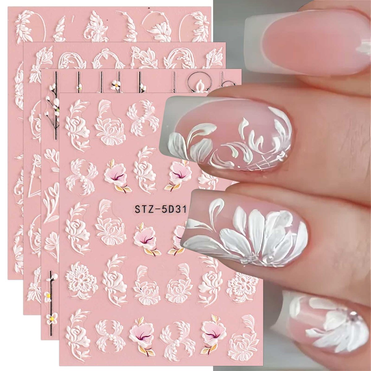 5D Spring Embossed Flower Nail Art Stickers - 4 Sheets of Real Self-Adhesive Floral Decals for Women & Girls - görsel 1