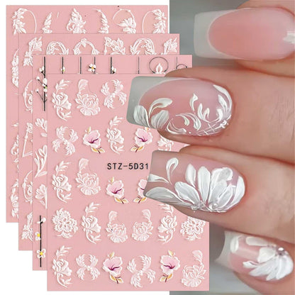 5D Spring Embossed Flower Nail Art Stickers - 4 Sheets of Real Self-Adhesive Floral Decals for Women & Girls