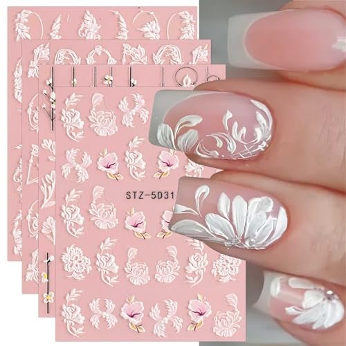 5D Spring Embossed Flower Nail Art Stickers - 4 Sheets of Real Self-Adhesive Floral Decals for Women & Girls - görsel 2