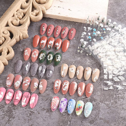5D Spring Embossed Flower Nail Art Stickers - 4 Sheets of Real Self-Adhesive Floral Decals for Women & Girls