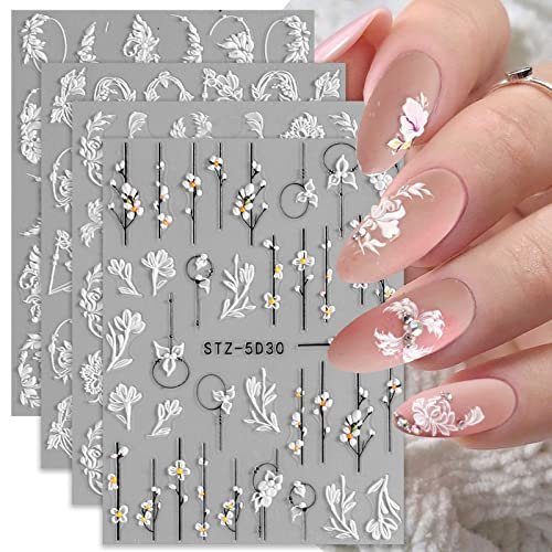 5D Spring Embossed Flower Nail Art Stickers - 4 Sheets of Real Self-Adhesive Floral Decals for Women & Girls - görsel 4