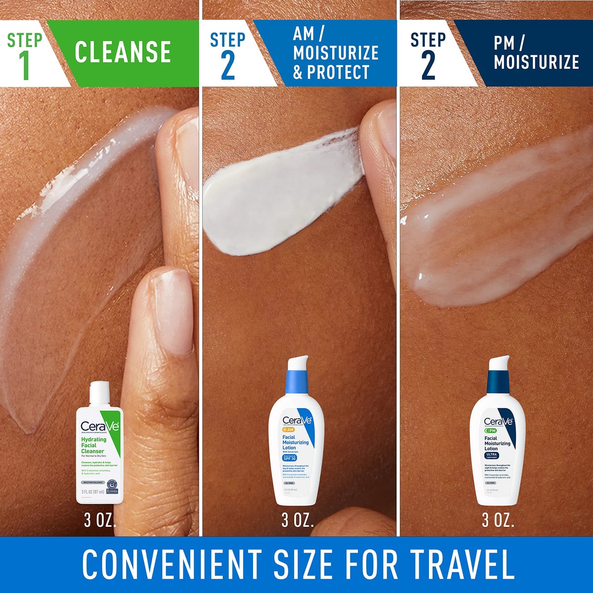 CeraVe AM & PM Face Moisturizer with Hydrating Face Wash – Travel Size Skincare Routine Set (3 oz Each) Avelisse