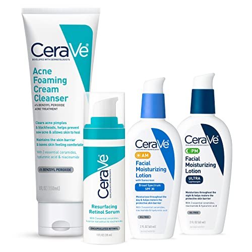 CeraVe Acne Skin Care Set: Foaming Cream Cleanser, Retinol Serum, AM & PM Facial Moisturizers Avelisse