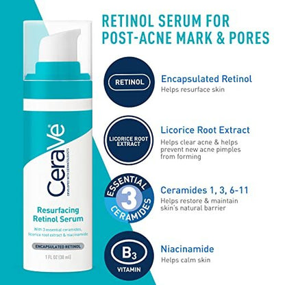 CeraVe Acne Skin Care Set: Foaming Cream Cleanser, Retinol Serum, AM & PM Facial Moisturizers Avelisse