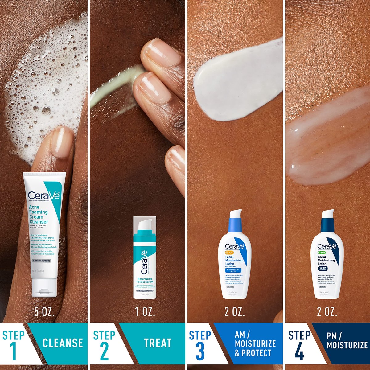 CeraVe Acne Skin Care Set: Foaming Cream Cleanser, Retinol Serum, AM & PM Facial Moisturizers Avelisse