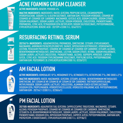 CeraVe Acne Skin Care Set: Foaming Cream Cleanser, Retinol Serum, AM & PM Facial Moisturizers Avelisse