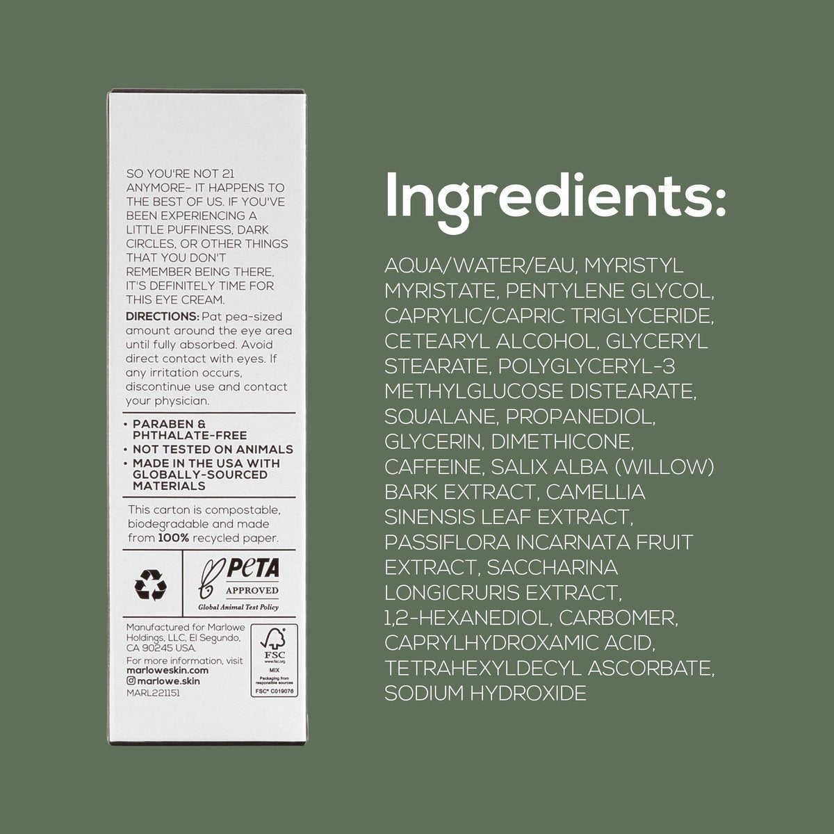 MARLOWE. No. 127 Men's Eye Cream with Vitamin C, Caffeine, and Squalane – Reduce Puffiness, Wrinkles & Dark Circles Avelisse
