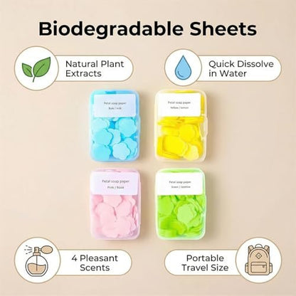 4-Scent Mini Portable Disposable Petal Hand Wash Sheets – Dissolvable Hand Soap for Travel, Camping & Outdoor (4 Boxes, ~400 Sheets) Avelisse