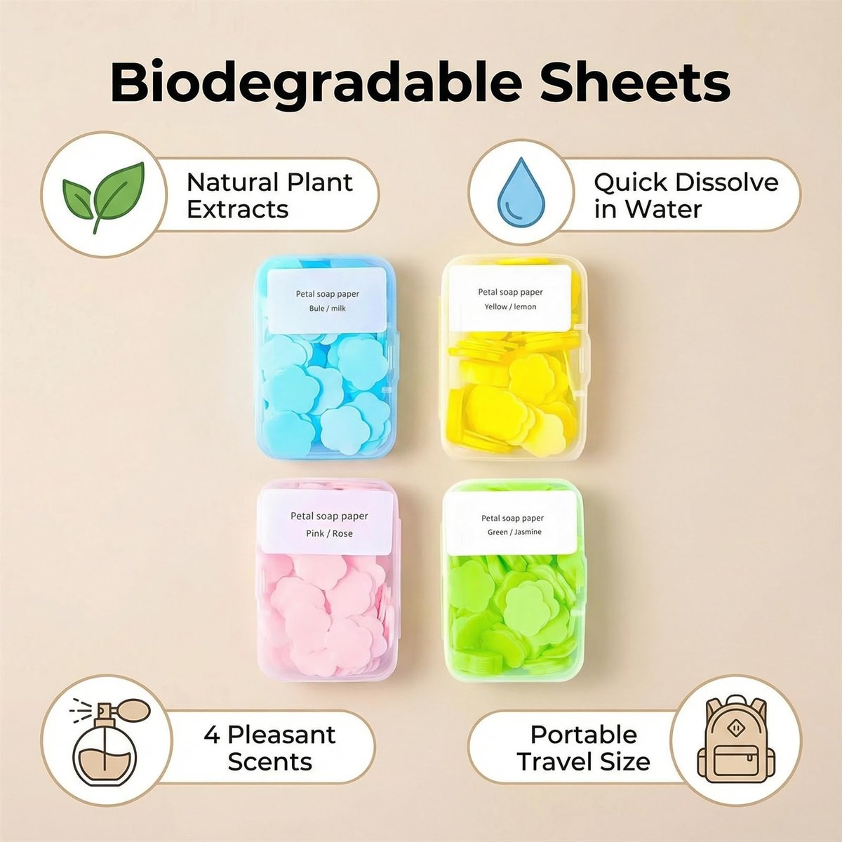 4-Scent Mini Portable Disposable Petal Hand Wash Sheets – Dissolvable Hand Soap for Travel, Camping & Outdoor (4 Boxes, ~400 Sheets) Avelisse