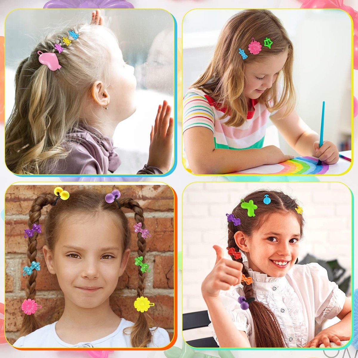 WILLBOND 1184 Pcs Hair Barrettes for Girls, Kids Barrettes Accessories Self Hinge Elastic Hair Ties Bands Assorted Ponytail Holders Cartoon Design Baby Clip Multicolor Rubber Band for Toddler Avelisse