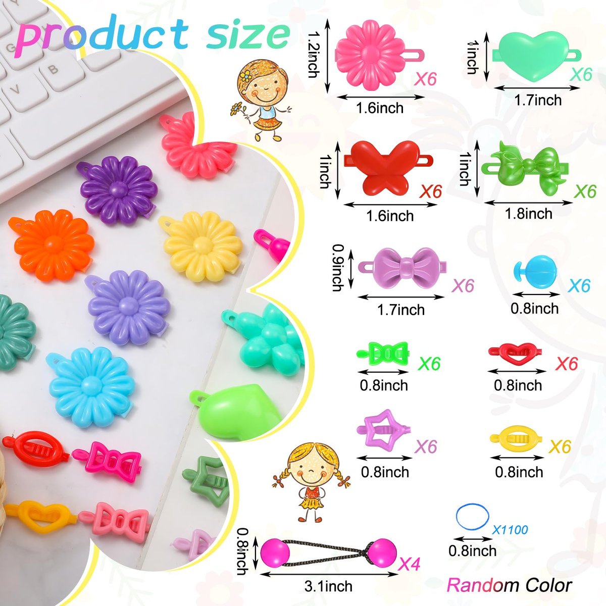 WILLBOND 1184 Pcs Hair Barrettes for Girls, Kids Barrettes Accessories Self Hinge Elastic Hair Ties Bands Assorted Ponytail Holders Cartoon Design Baby Clip Multicolor Rubber Band for Toddler Avelisse