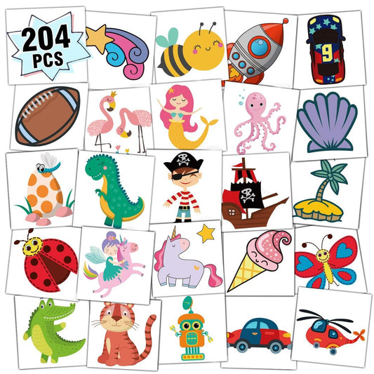 Partywind Kids Temporary Tattoos - 204 PCS Fake Tattoo Stickers for Kids Party Supplies, Favors, Decorations, and Surprise Birthday Goodie Bag Stuffers (Individually Wrapped)