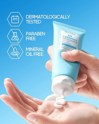 SKINTIFIC 5X Ceramide Low pH Facial Cleanser – Gentle Hydrating Face Wash with Hyaluronic Acid for Dry to Normal Skin, Sensitive Skin Tested, Fragrance Free, 2.67 Fl Oz