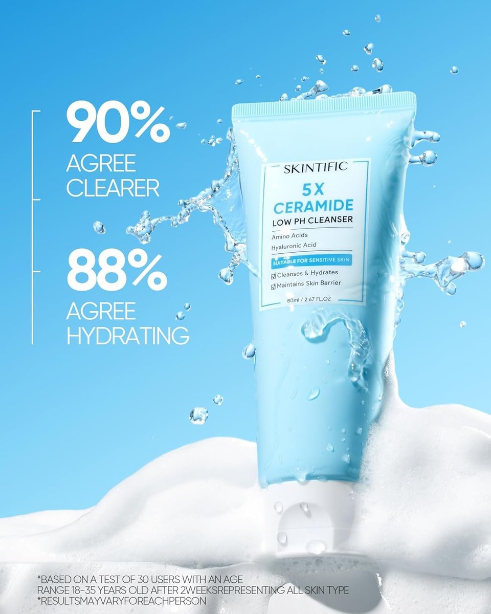 SKINTIFIC 5X Ceramide Low pH Facial Cleanser – Gentle Hydrating Face Wash with Hyaluronic Acid for Dry to Normal Skin, Sensitive Skin Tested, Fragrance Free, 2.67 Fl Oz - görsel 15