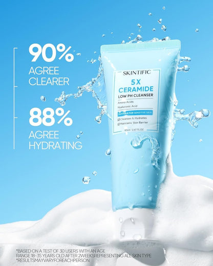 SKINTIFIC 5X Ceramide Low pH Facial Cleanser – Gentle Hydrating Face Wash with Hyaluronic Acid for Dry to Normal Skin, Sensitive Skin Tested, Fragrance Free, 2.67 Fl Oz