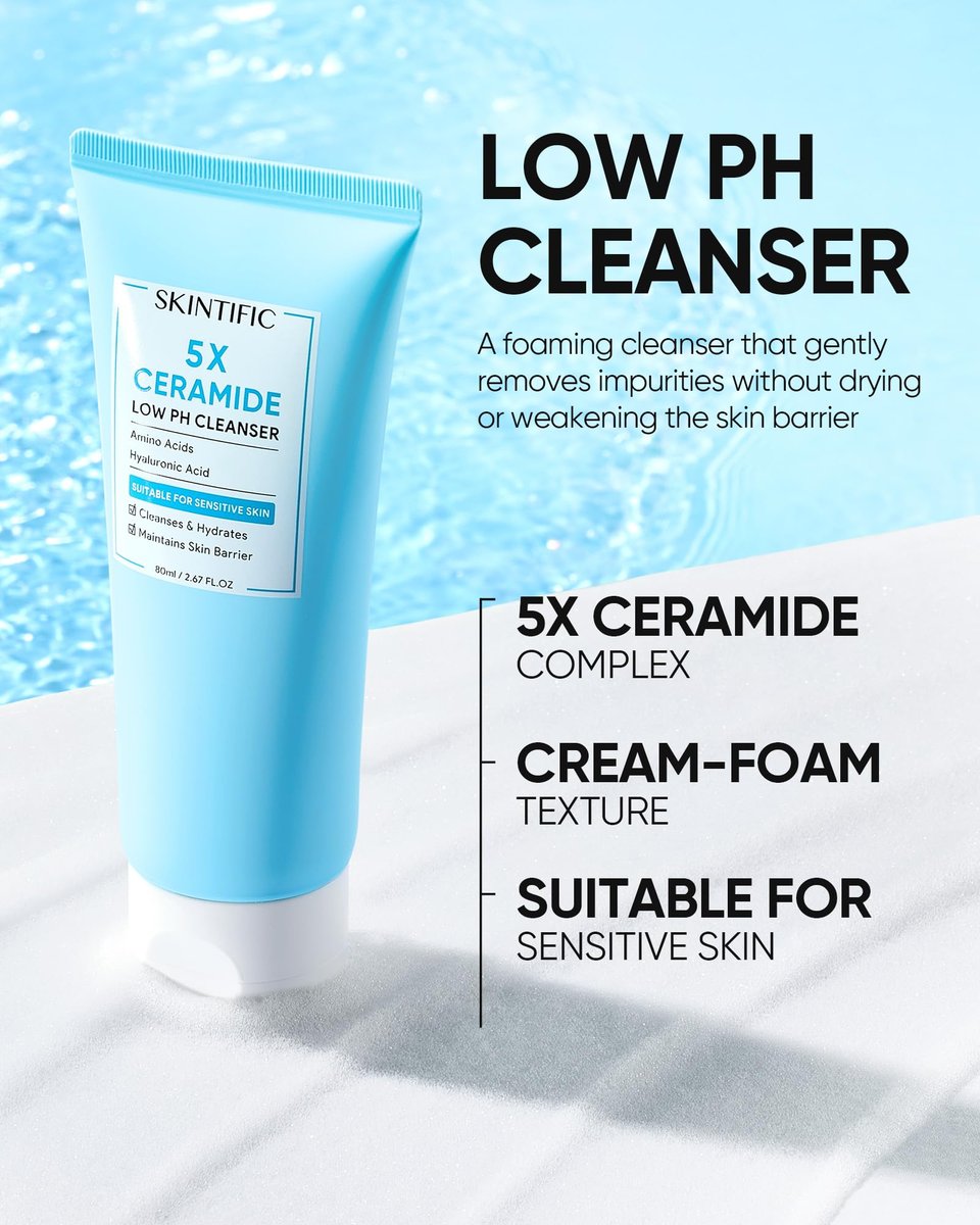 SKINTIFIC 5X Ceramide Low pH Facial Cleanser – Gentle Hydrating Face Wash with Hyaluronic Acid for Dry to Normal Skin, Sensitive Skin Tested, Fragrance Free, 2.67 Fl Oz - görsel 9
