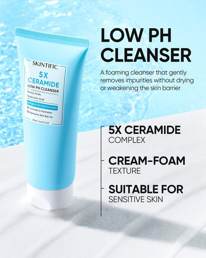 SKINTIFIC 5X Ceramide Low pH Facial Cleanser – Gentle Hydrating Face Wash with Hyaluronic Acid for Dry to Normal Skin, Sensitive Skin Tested, Fragrance Free, 2.67 Fl Oz