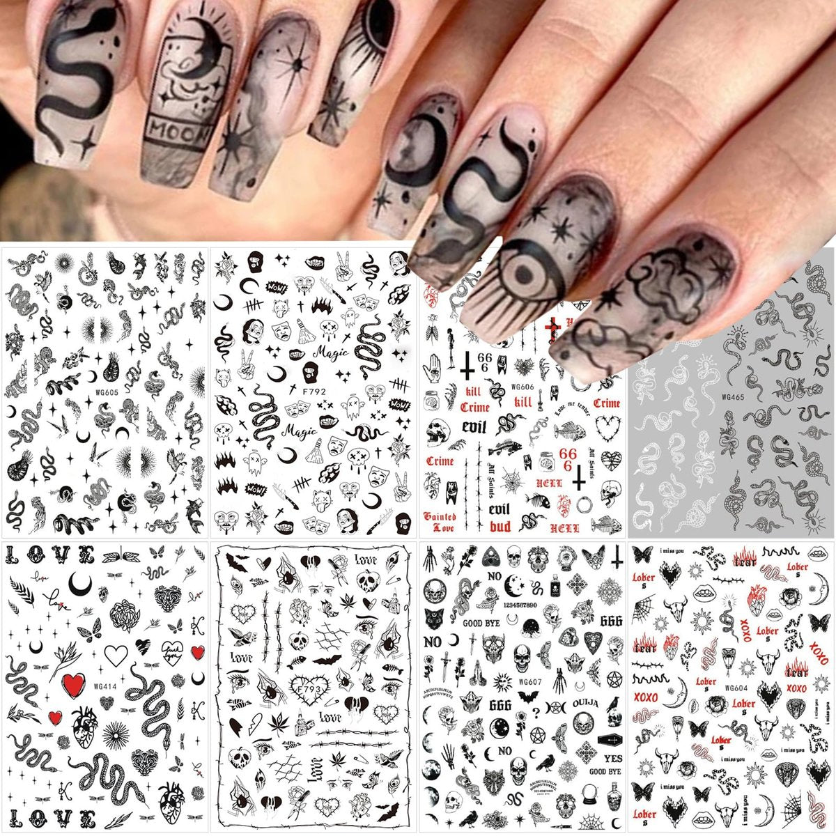 Gothic Snake Nail Art Stickers - 3D Black Skull Nail Decals for Punk Horror Acrylic Nails (8 Pcs) - görsel 1