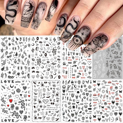 Gothic Snake Nail Art Stickers - 3D Black Skull Nail Decals for Punk Horror Acrylic Nails (8 Pcs)
