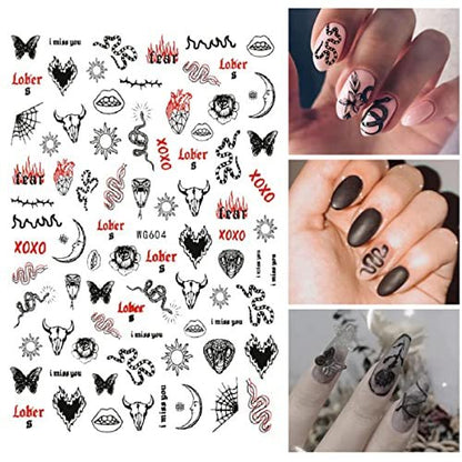 Gothic Snake Nail Art Stickers - 3D Black Skull Nail Decals for Punk Horror Acrylic Nails (8 Pcs)