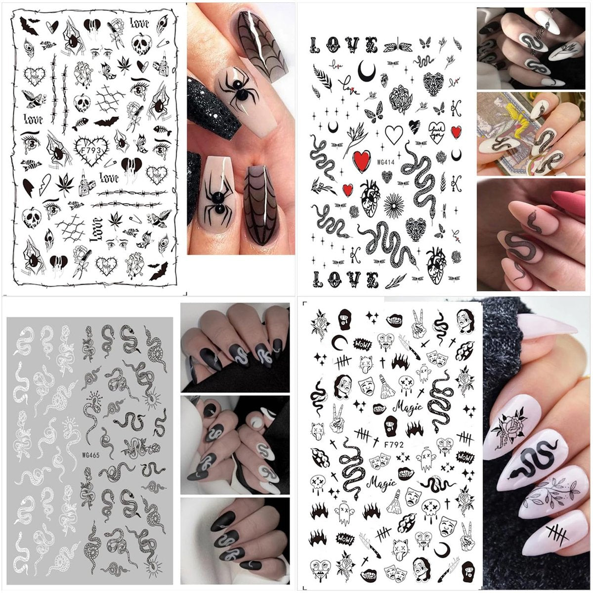 Gothic Snake Nail Art Stickers - 3D Black Skull Nail Decals for Punk Horror Acrylic Nails (8 Pcs) - görsel 9