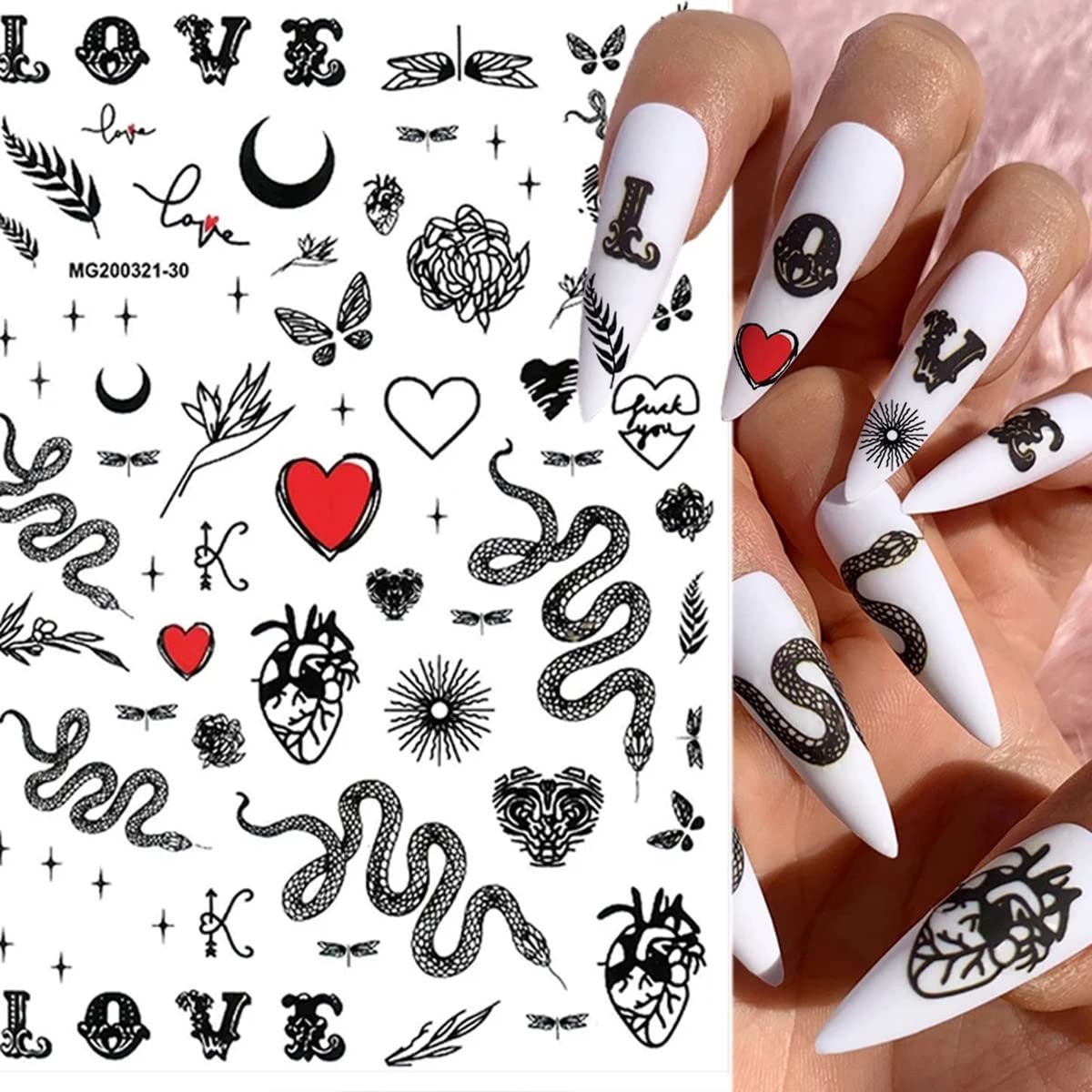 Gothic Snake Nail Art Stickers - 3D Black Skull Nail Decals for Punk Horror Acrylic Nails (8 Pcs) - görsel 7