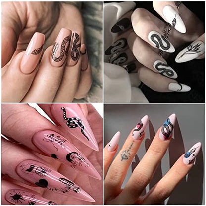 Gothic Snake Nail Art Stickers - 3D Black Skull Nail Decals for Punk Horror Acrylic Nails (8 Pcs)