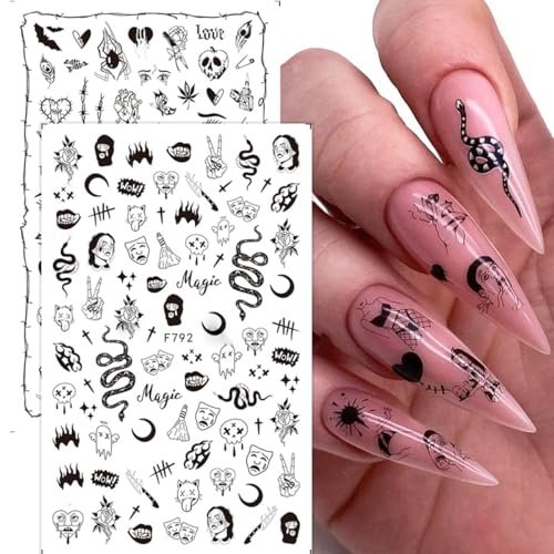 Gothic Snake Nail Art Stickers - 3D Black Skull Nail Decals for Punk Horror Acrylic Nails (8 Pcs) - görsel 14