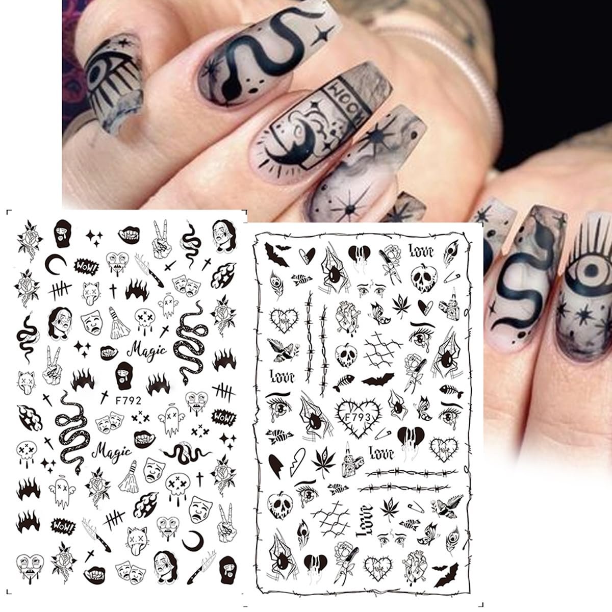 Gothic Snake Nail Art Stickers - 3D Black Skull Nail Decals for Punk Horror Acrylic Nails (8 Pcs) - görsel 5