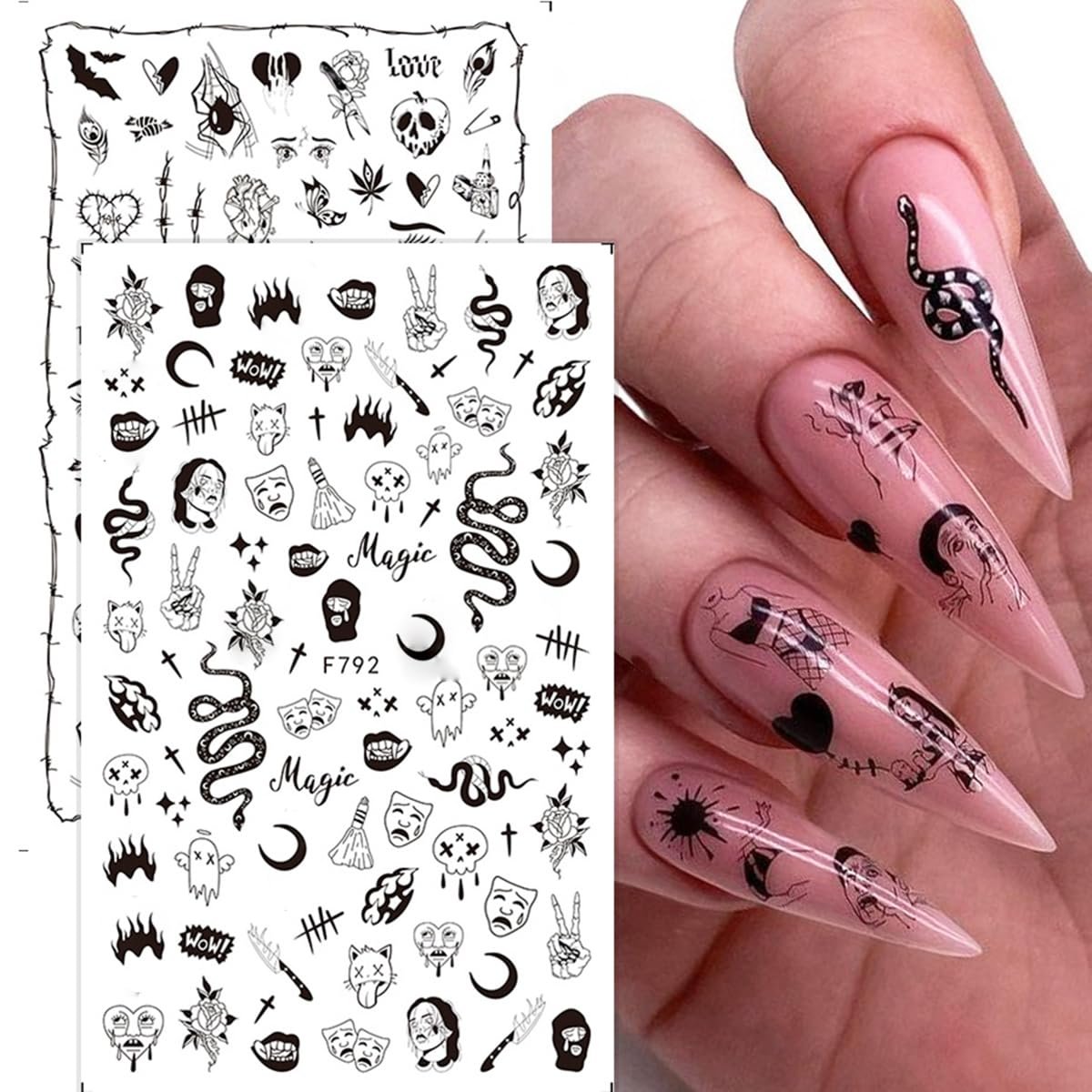 Gothic Snake Nail Art Stickers - 3D Black Skull Nail Decals for Punk Horror Acrylic Nails (8 Pcs) - görsel 13