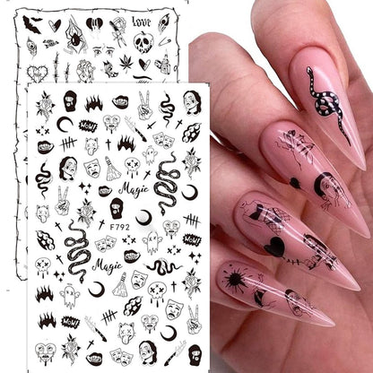 Gothic Snake Nail Art Stickers - 3D Black Skull Nail Decals for Punk Horror Acrylic Nails (8 Pcs)