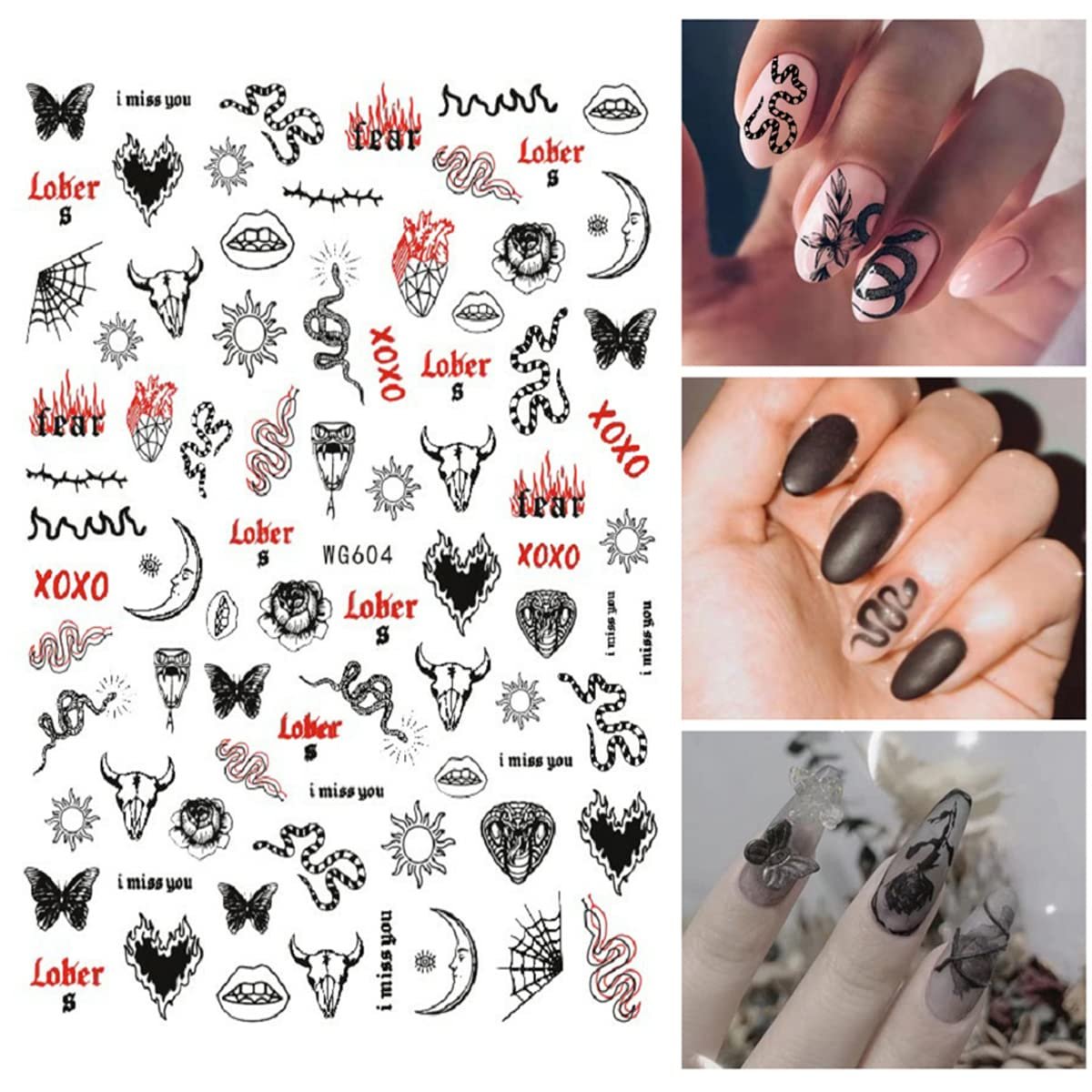 Gothic Snake Nail Art Stickers - 3D Black Skull Nail Decals for Punk Horror Acrylic Nails (8 Pcs) - görsel 11