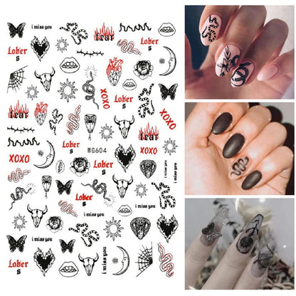 Gothic Snake Nail Art Stickers - 3D Black Skull Nail Decals for Punk Horror Acrylic Nails (8 Pcs)