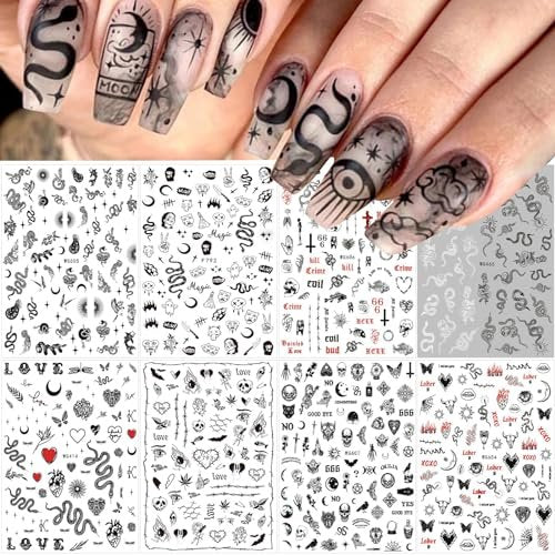 Gothic Snake Nail Art Stickers - 3D Black Skull Nail Decals for Punk Horror Acrylic Nails (8 Pcs) - görsel 2
