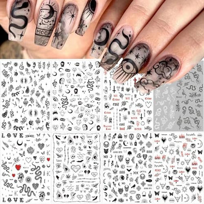 Gothic Snake Nail Art Stickers - 3D Black Skull Nail Decals for Punk Horror Acrylic Nails (8 Pcs)